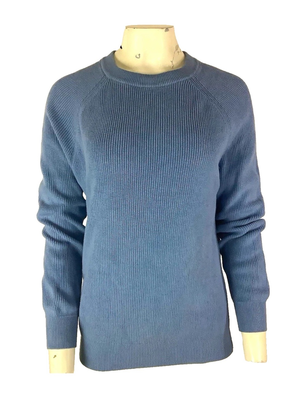 Zara Womens Sz S 100% Cotton Ribbed Knit Crew Neck Raglan Sleeve Blue Sweater